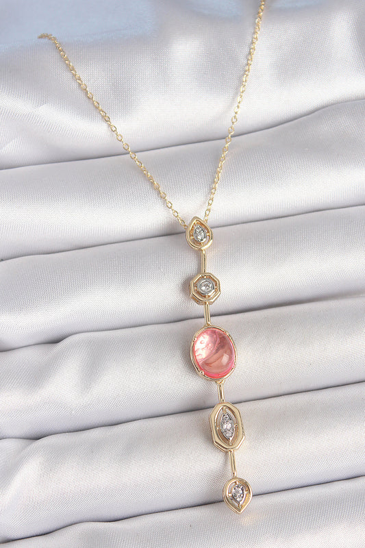 Pirinç Zincir Pembe Gold Renk Zirkon Taşlı Y Kolye - BKO10231