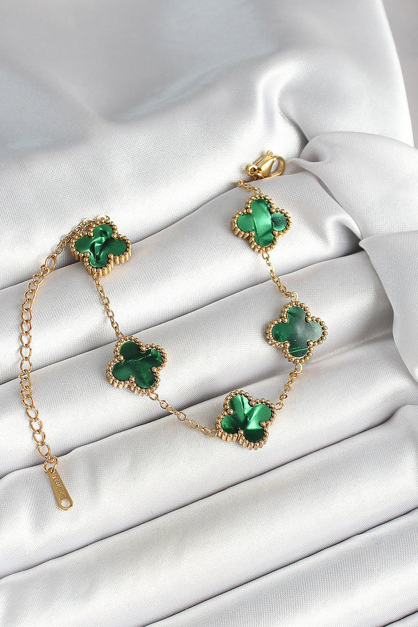 BB6968 - 316L Çelik Sedefli Zümrüt Yeşil Gold Renk Yonca Kadın Bileklik