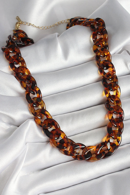 BKO10235 - Leopar Desenli Mika Kalın Zincir Kadın Kolye