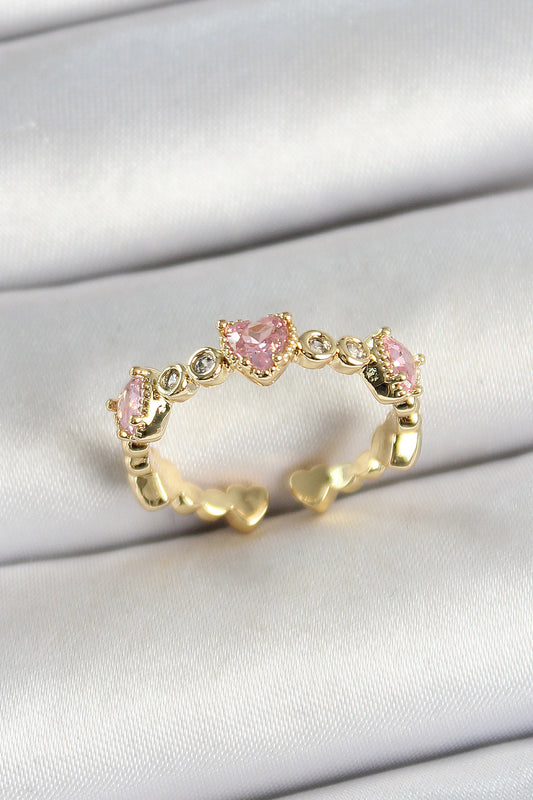 BYK3756 - Pirinç Sıralı Kalp Figürlü Zirkon Taşlı Gold Renk Ayarlanabilir Kadın Yüzük