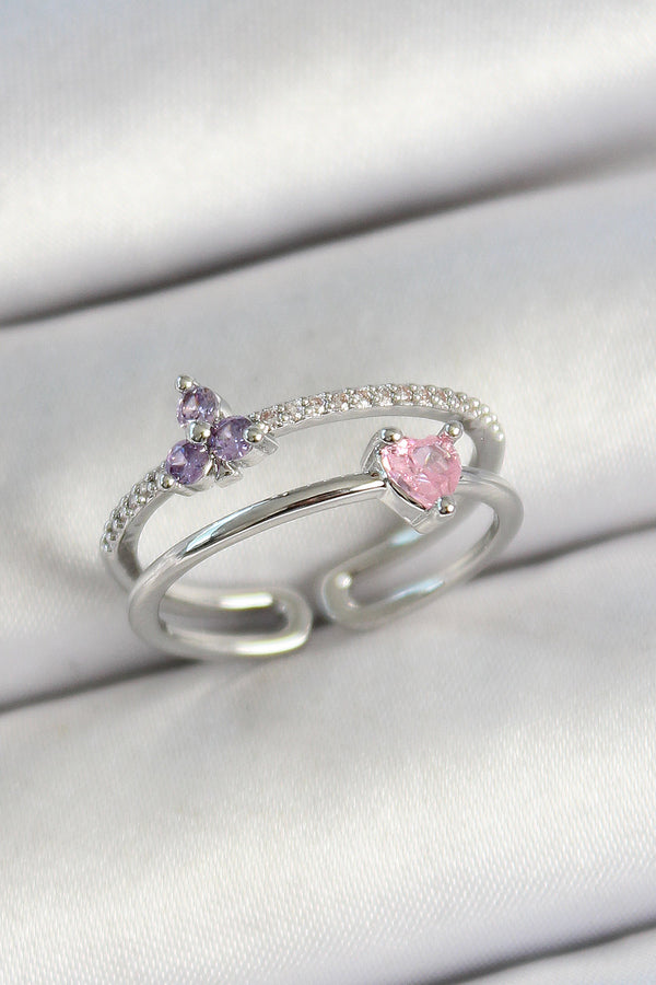 BYK3775 - Pirinç Kalp Ve Çiçek Figürlü Zirkon Taşlı Gümüş Renk Ayarlanabilir Kadın Yüzük