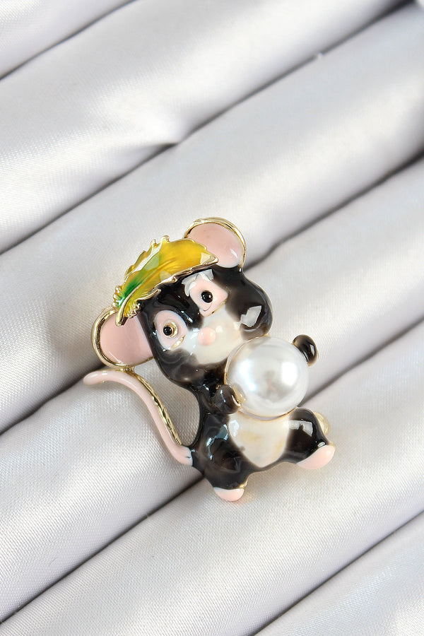 BR437 - İnci Detaylı Siyah Ve Pembe 3D Sevimli Fare Figürlü Gold Renk Kadın Broş