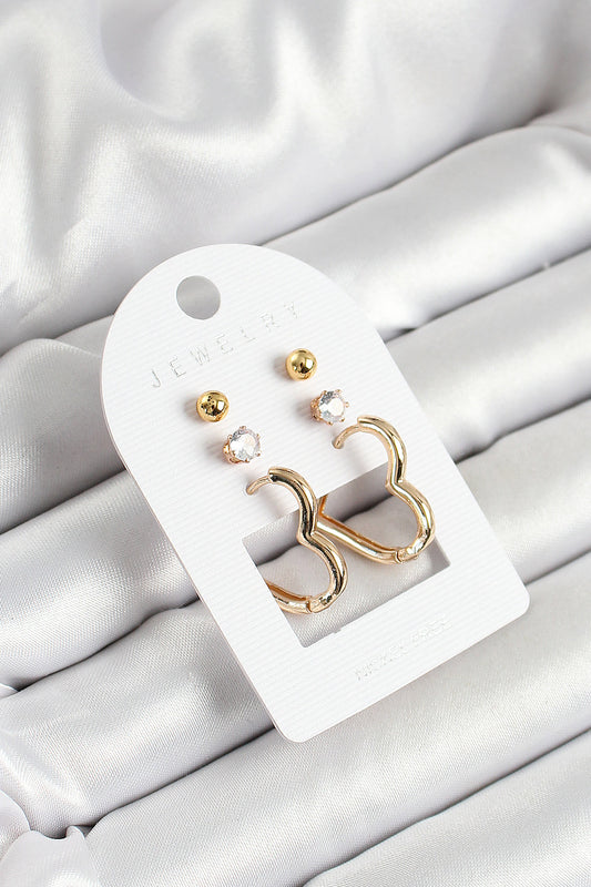 Pirinç Zirkon Taş Ve Kalp Figürlü Gold Renk 3'lü Çift Kadın Küpe Set - BKP10650