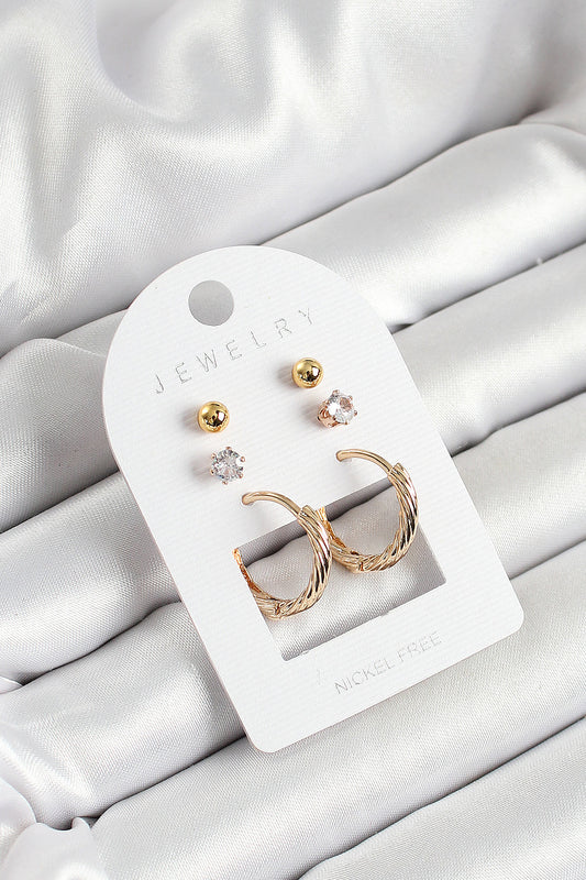 Pirinç Zirkon Taş Ve Halka Figürlü Gold Renk 3'lü Çift Kadın Küpe Set - BKP10652