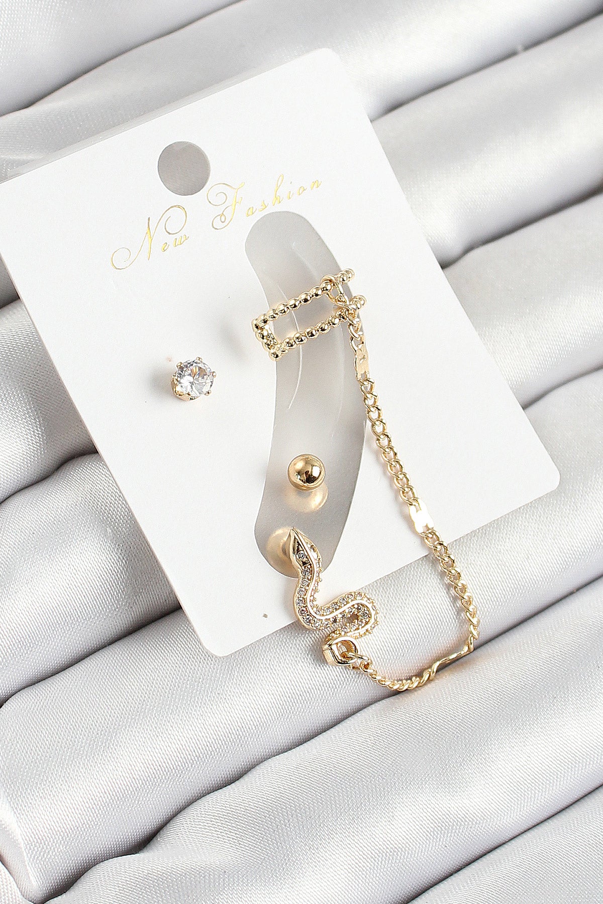 Pirinç Yılan Figürlü Zirkon Taşlı Gold Renk 3'lü Kıkırdak Kadın Küpe Set - BKP10664