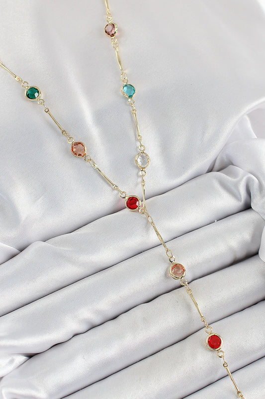 BKO10251 - Pirinç Asorti Model Gold Renk Zirkon Taşlı Y Kolye