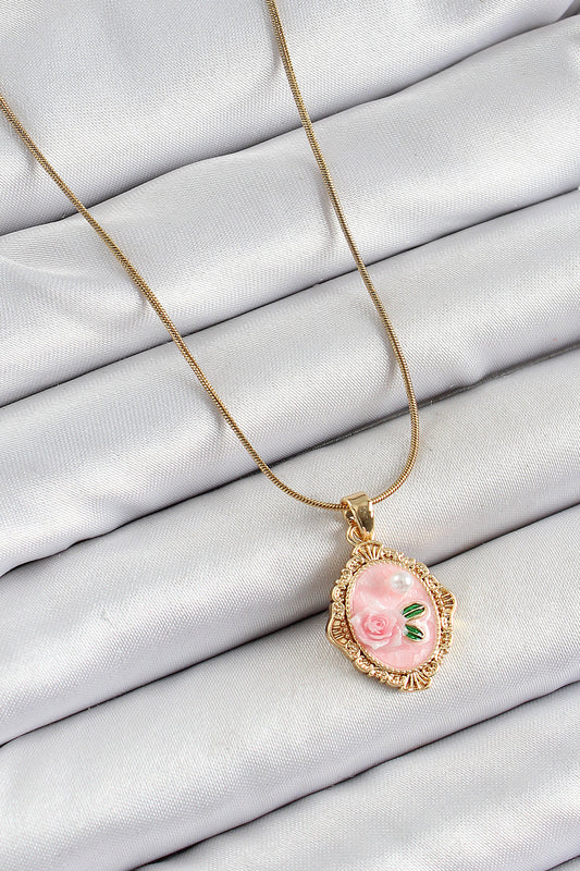 BKO10281 - 316L Çelik Zincir Pembe Sanatsal Portre İnci Detaylı Gül Figürlü Model Gold Renk Kadın Kolye