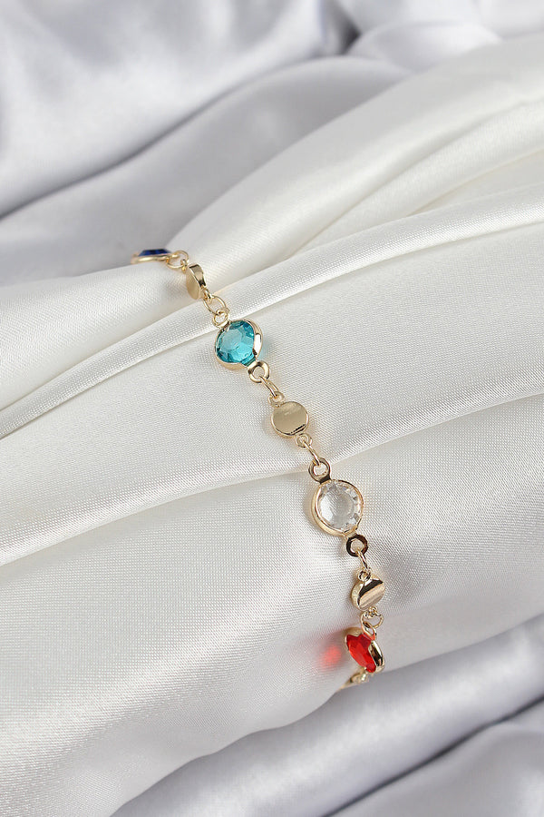 BB7051 - Pirinç Karışık Renk Zirkon Taşlı Gold Renk Kadın Bileklik