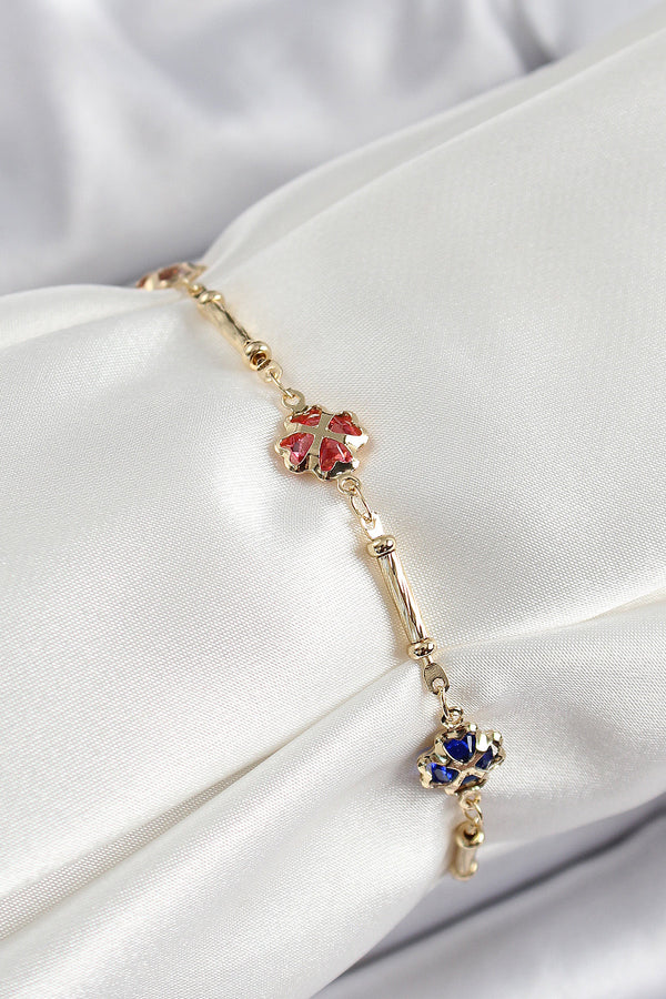 BB7056 - Pirinç Gold Renk Karışık Renk Yonca Zirkon Taşlı Kadın Bileklik