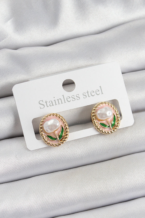 BKP10672 - Pirinç Pembe Mineli Lale Figürlü Sanatsal Portre Model Gold Renk Kadın Küpe