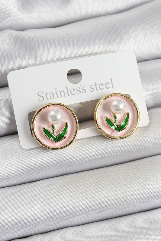 BKP10674 - Pirinç Pembe Mineli Lale Figürlü Sanatsal Portre Model Gold Renk Kadın Küpe