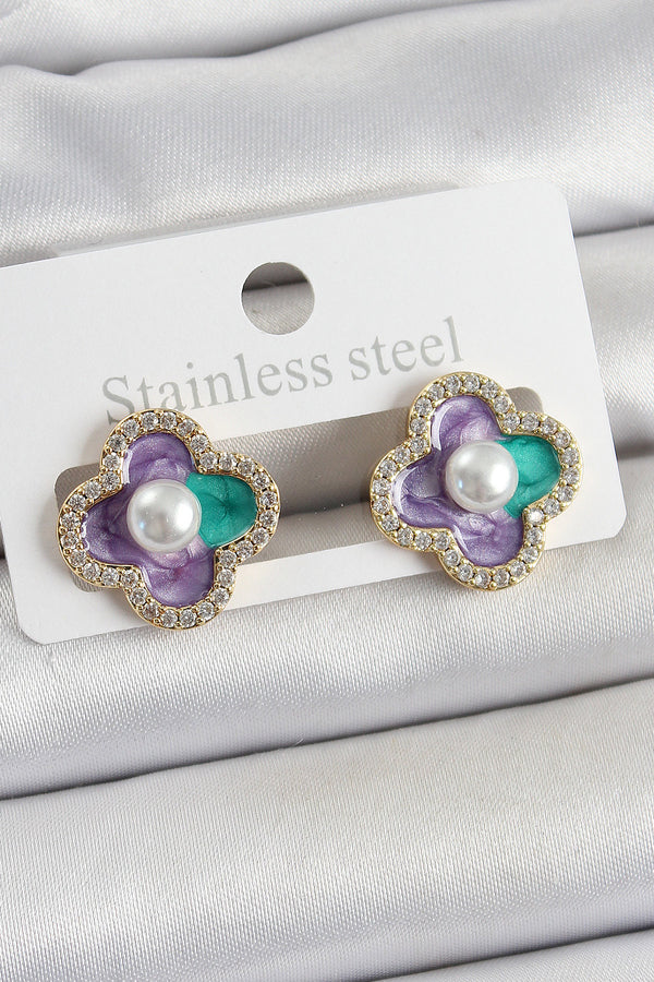 BKP10680 - Pirinç Mor Mineli İnci Detaylı Zirkon Taşlı Sanatsal Portre Yonca Model Gold Renk Kadın Küpe