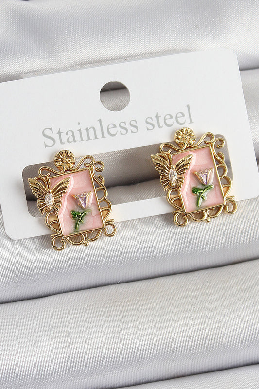 BKP10685 - Pirinç Pembe Mineli Sanatsal Portre Model Gold Renk Kadın Küpe