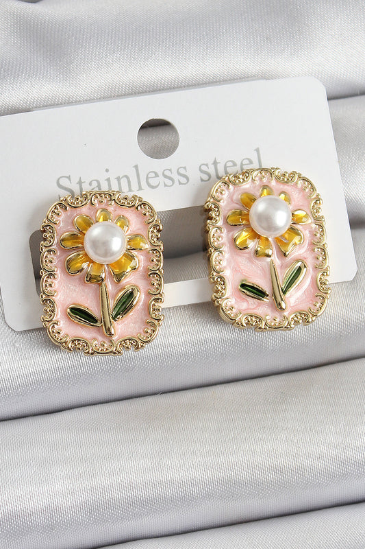 BKP10687 - Pirinç Pembe Mineli Papatya Figürlü Sanatsal Portre Model Gold Renk Kadın Küpe
