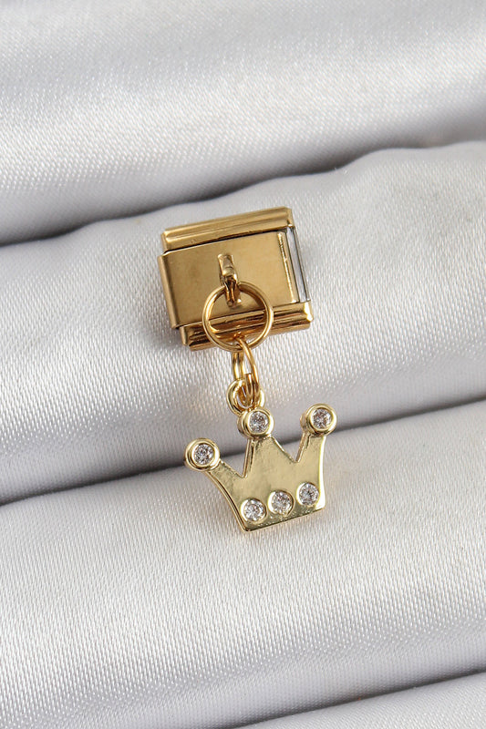 BC1397 - 316L Çelik Sallantılı Zirkon Taşlı Kraliçe Tacı Model Gold Renk Nomination Charm