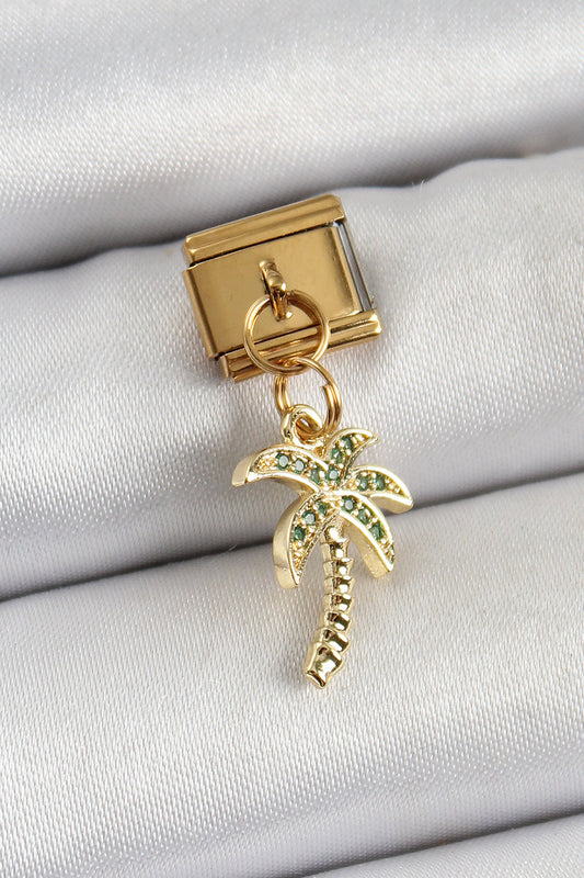 BC1398 - 316L Çelik Sallantılı Zirkon Taşlı Palmiye Ağacı Model Gold Renk Nomination Charm