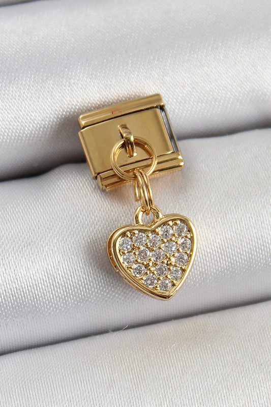 BC1401 - 316L Çelik Sallantılı Zirkon Taşlı Kalp Model Gold Renk Nomination Charm