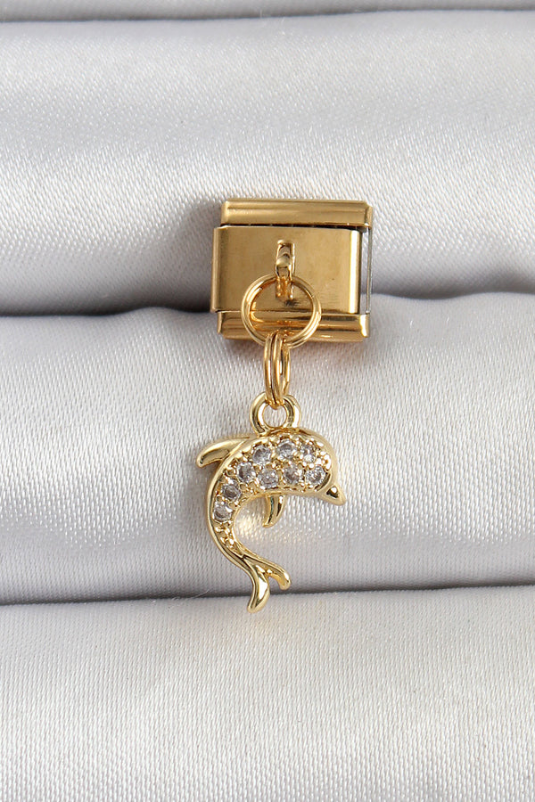 BC1407 - 316L Çelik Sallantılı Zirkon Taşlı Yunus Balığı Model Gold Renk Nomination Charm