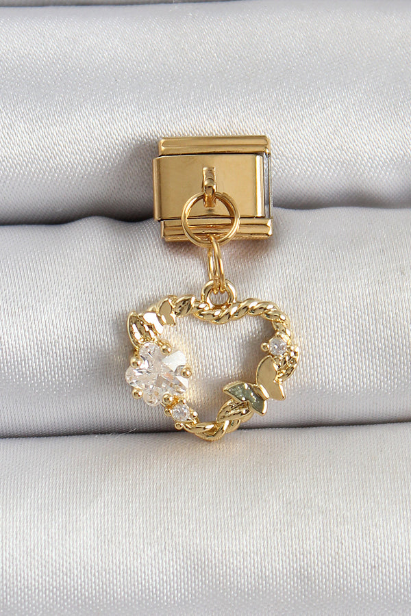 BC1409 - 316L Çelik Sallantılı Zirkon Taşlı Kalp Model Gold Renk Nomination Charm