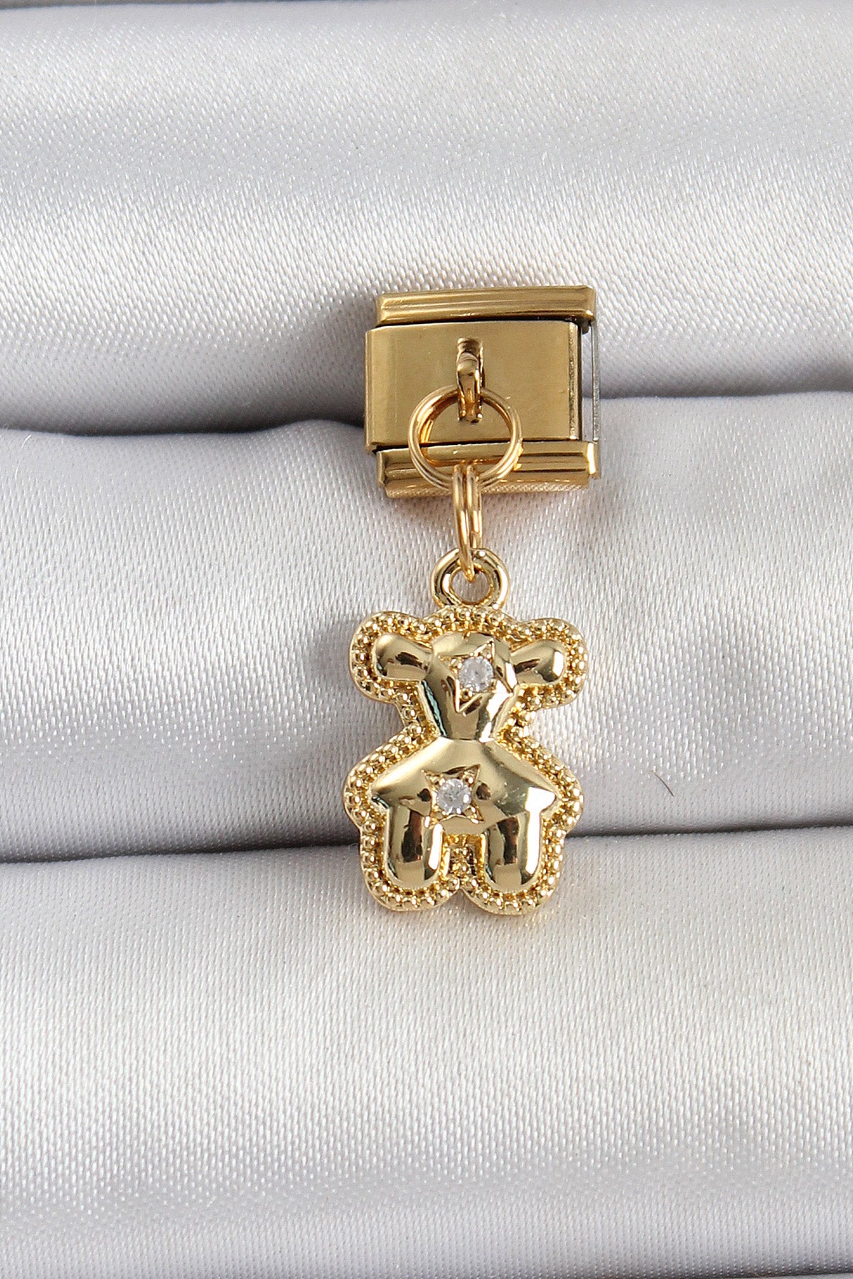 BC1410 - 316L Çelik Sallantılı Zirkon Taşlı Ayıcık Model Gold Renk Nomination Charm