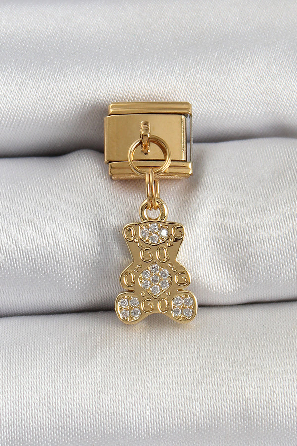 BC1413 - 316L Çelik Sallantılı Zirkon Taşlı Ayıcık Model Gold Renk Nomination Charm
