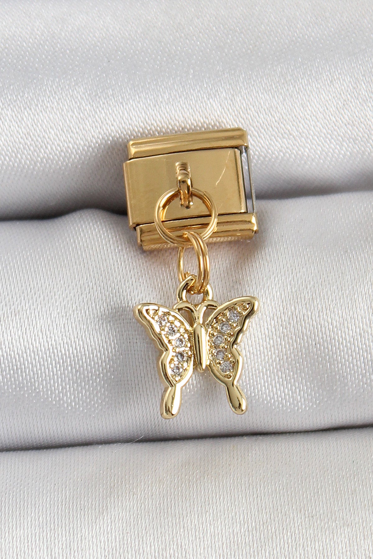 BC1414 - 316L Çelik Sallantılı Zirkon Taşlı Kelebek Model Gold Renk Nomination Charm