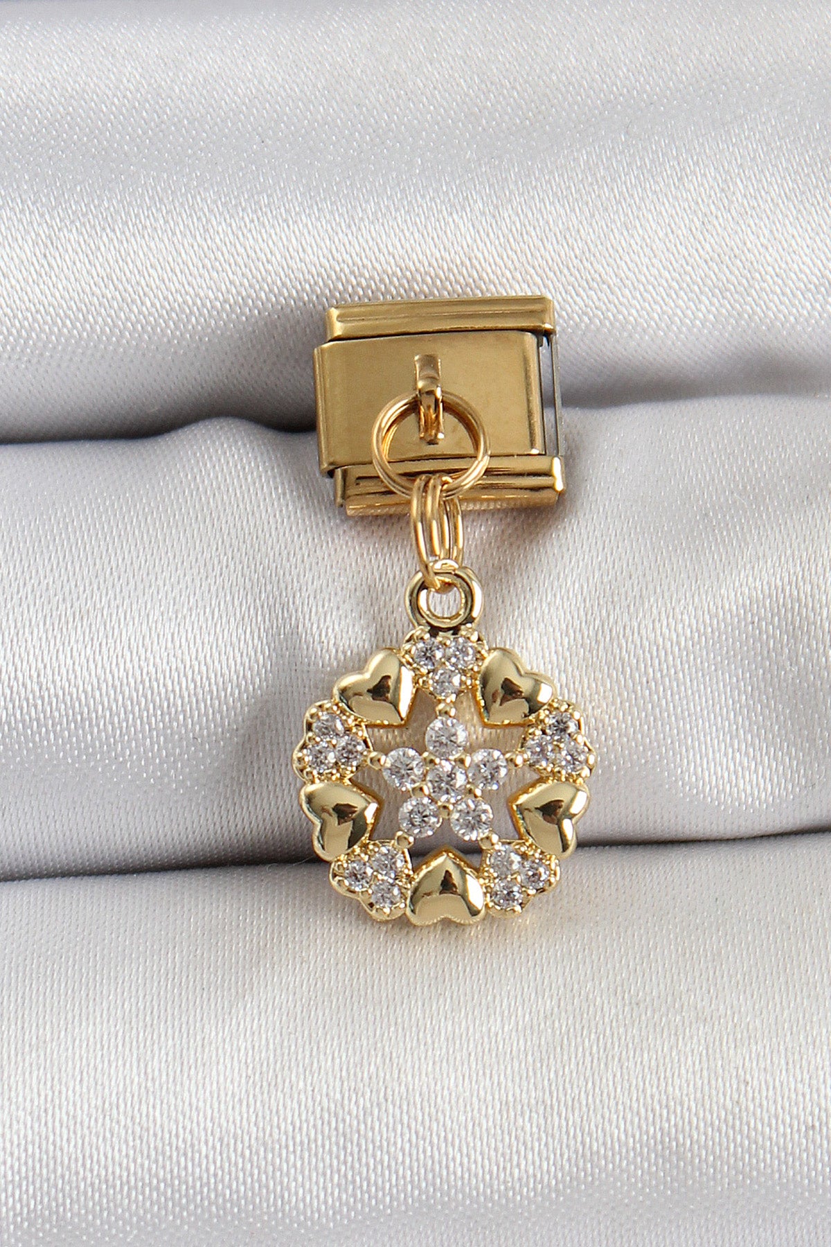 BC1415 - 316L Çelik Sallantılı Zirkon Taşlı Kalp Detaylı Yıldz Model Gold Renk Nomination Charm