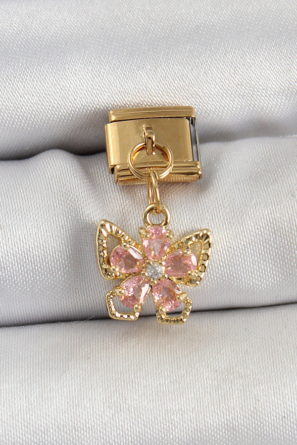 BC1419 - 316L Çelik Sallantılı Zirkon Taşlı Çiçek Figürlü Kelebek Model Gold Renk Nomination Charm