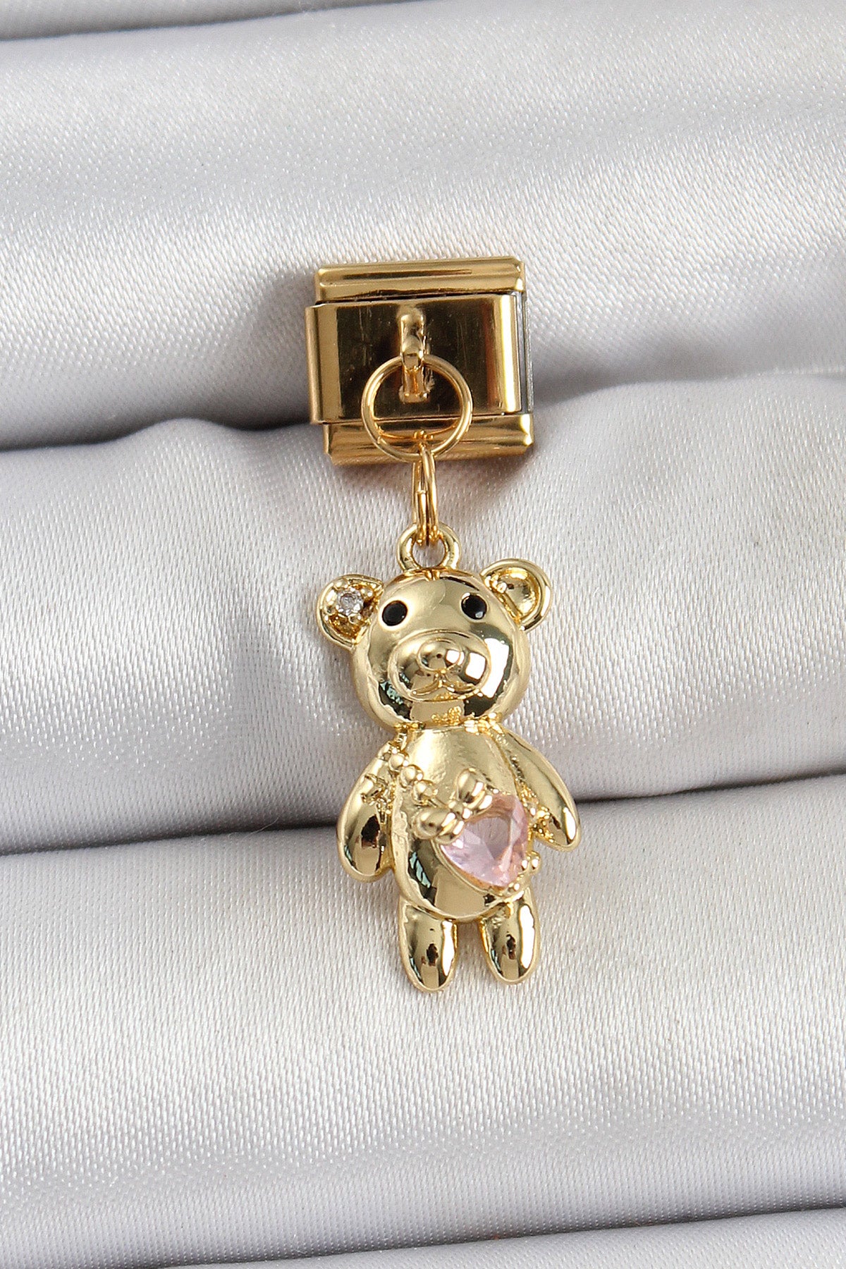 BC1421 - 316L Çelik Sallantılı Zirkon Taşlı Ayıcık Model Gold Renk Nomination Charm