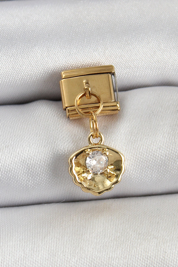 BC1426 - 316L Çelik Sallantılı Zirkon Taşlı İstiridye Model Gold Renk Nomination Charm