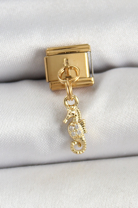 BC1430 - 316L Çelik Sallantılı Zirkon Taşlı Çiçek Model Gold Renk Nomination Charm