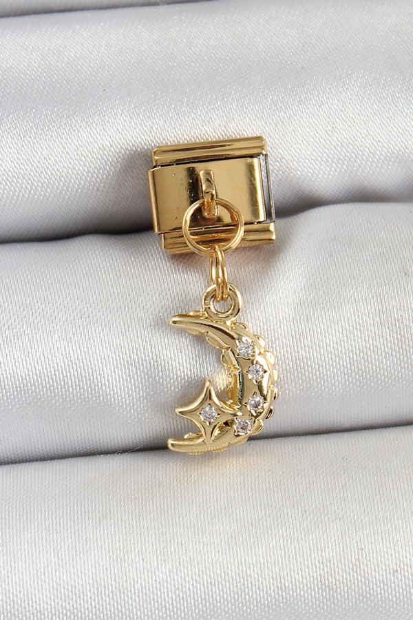 BC1431 - 316L Çelik Sallantılı Zirkon Taşlı Ay Model Gold Renk Nomination Charm