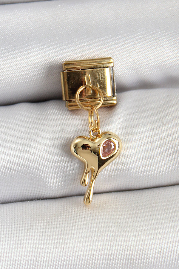 BC1433 - 316L Çelik Sallantılı Zirkon Taşlı Eriyen Kalp Model Gold Renk Nomination Charm