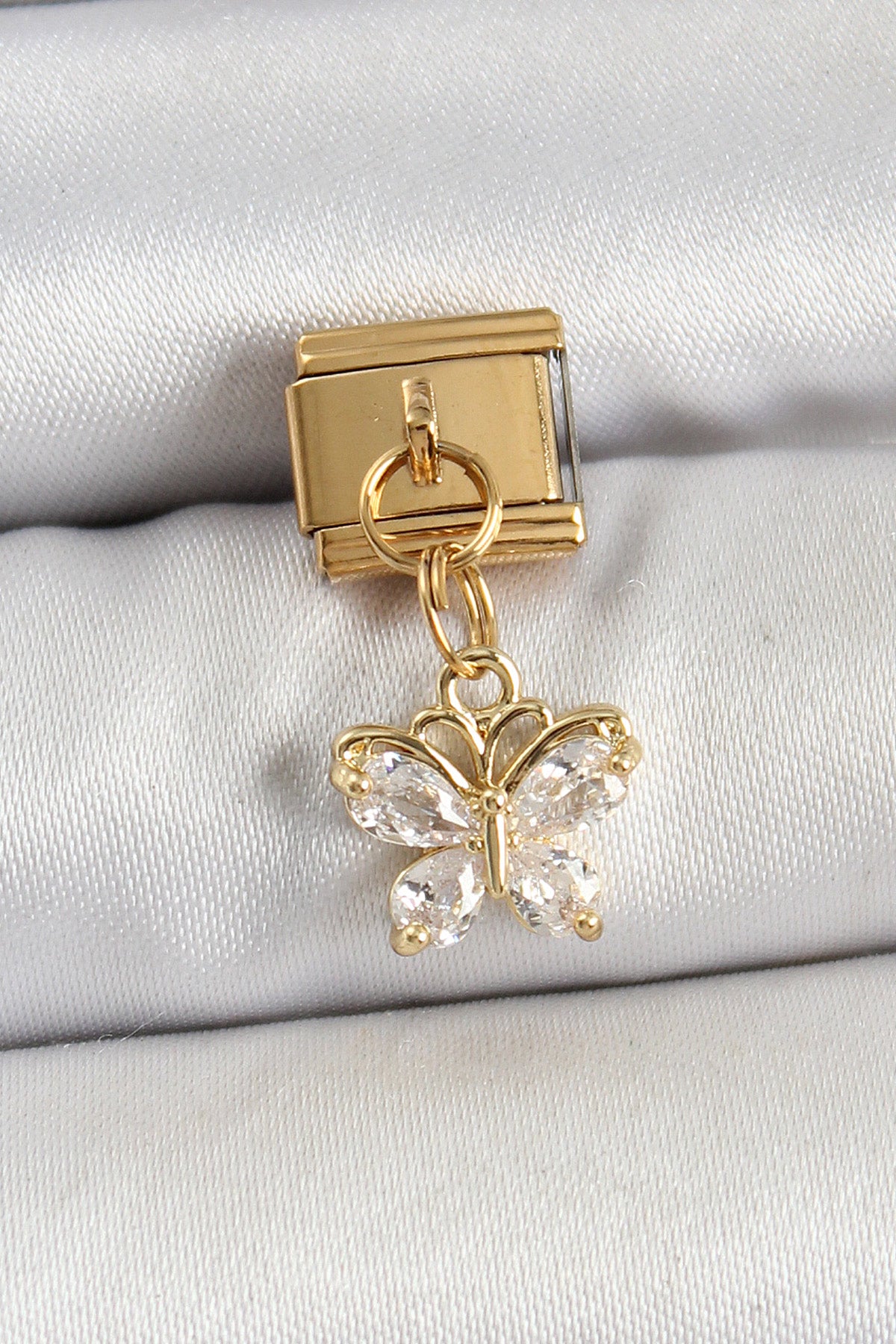 BC1434 - 316L Çelik Sallantılı Zirkon Taşlı Kelebek Model Gold Renk Nomination Charm