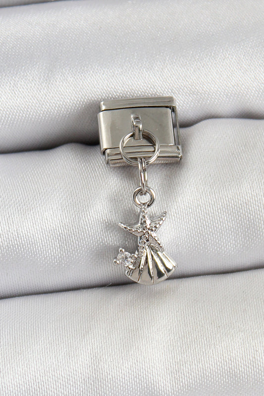 BC1454 - 316L Çelik Sallantılı Zirkon Taşlı Deniz Yıldızı Ve İstiridye Model Gümüş Renk Nomination Charm