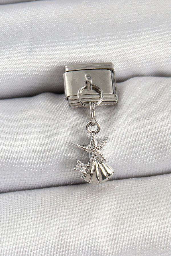 BC1454 - 316L Çelik Sallantılı Zirkon Taşlı Deniz Yıldızı Ve İstiridye Model Gümüş Renk Nomination Charm