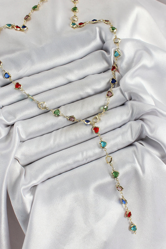 BKO10303 - Pirinç Gold Renk Karışık Renk Zirkon Taşlı Kalpli Y Kadın Kolye