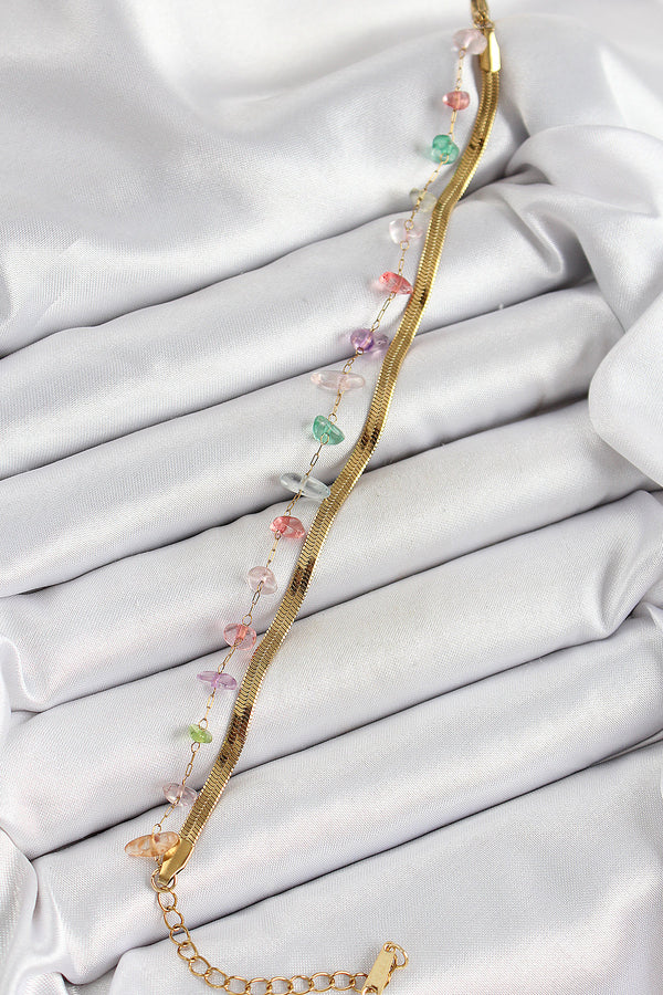 BB7091 - 316L Çelik Gold Renk Kristal Karışık Renkli Taşlı Kadın Bileklik