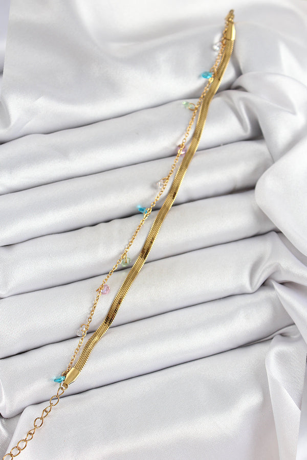 BB7093 - 316L Çelik Gold Renk Karışık Renkli Kristal Taşlı 2'li Kadın Bileklik
