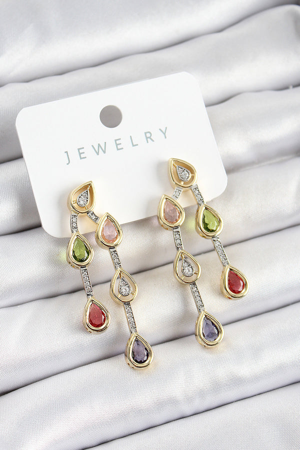 BKP10742 - Pirinç Çoklu Damla Model Karşık Zirkon Taşlı Gold Ve Gümüş Renk Kadın Küpe