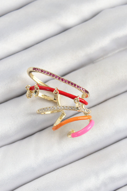 Pirinç Zirkon Taşlı Kırmızı Turuncu Pembe Sıkıştırma Sağ Kıkırdak Gold Renk Kadın Küpe - BKP10755
