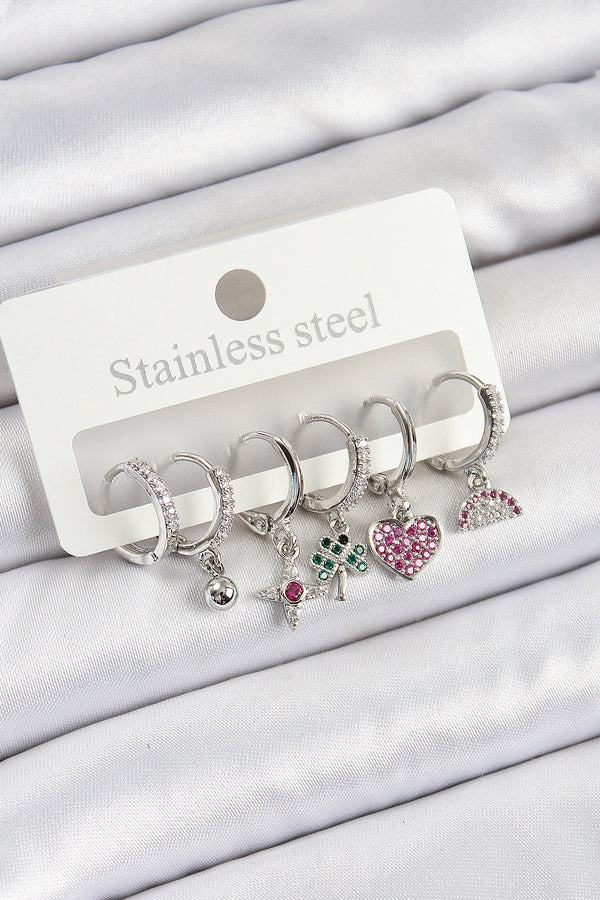 BKP10757 - Pirinç Zirkon Taşlı Karpuz Yonca Kalp Pusula Karışık Model Gümüş Renk 6'lı Set Kadın Küpe