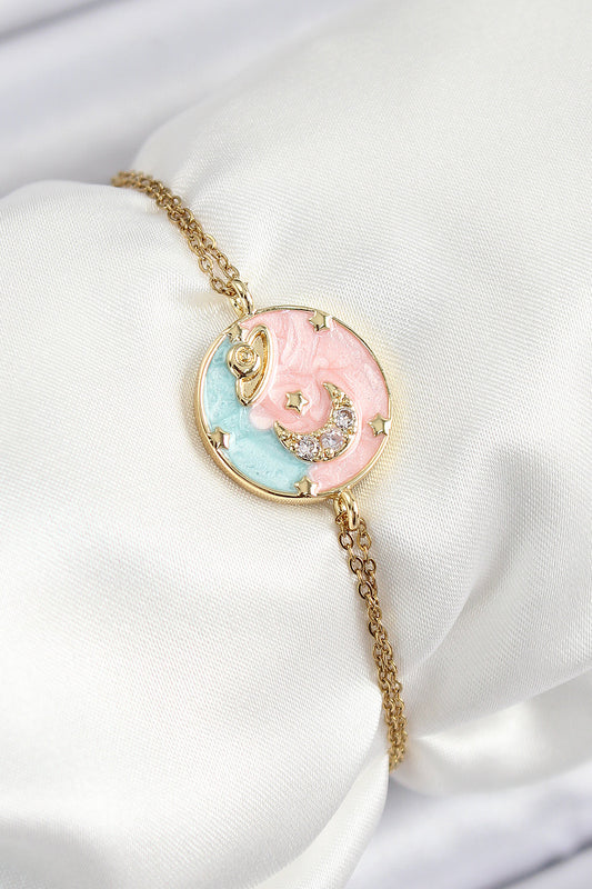 BB7234 - 316L Çelik Zincir Mineli Sanatsal Portre Zirkon Taşlı Gezegen Model Gold Renk Kadın Bileklik