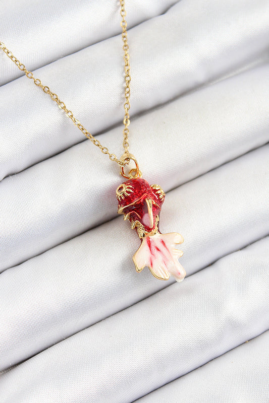 BKO10325 - 316L Çelik Zincir Kırmızı Balık Model Gold Renk Kadın Kolye