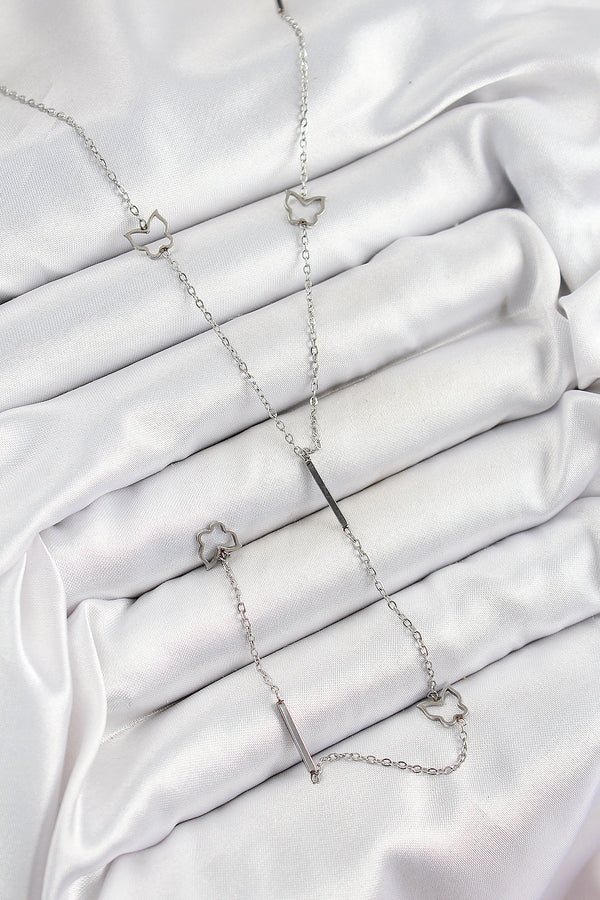 BKO10330 - 316L Çelik Kelebek Figürlü Y Model Gümüş Renk Kadın Kolye