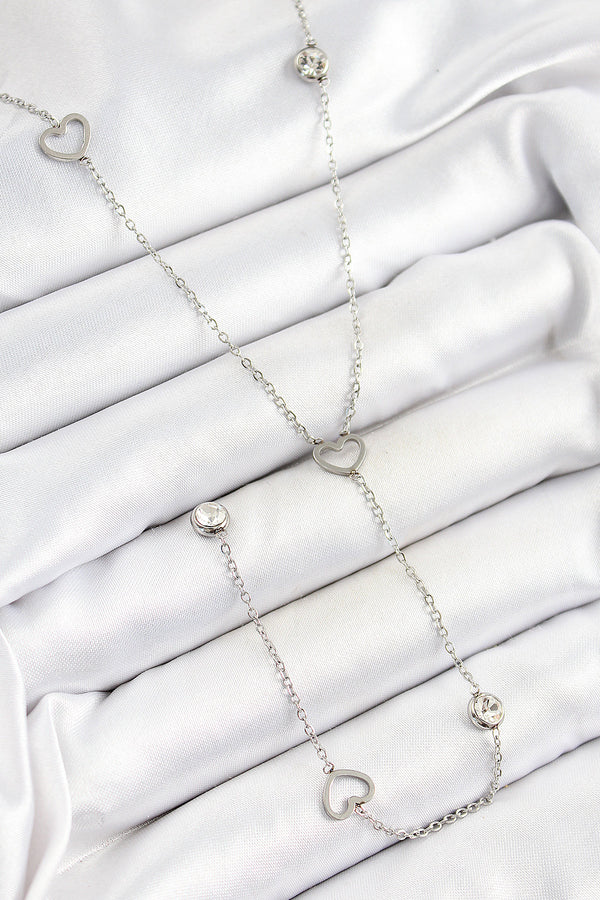 BKO10334 - 316L Çelik Zirkon Taşlı Kalp Figürlü Y Model Gümüş Renk Kadın Kolye