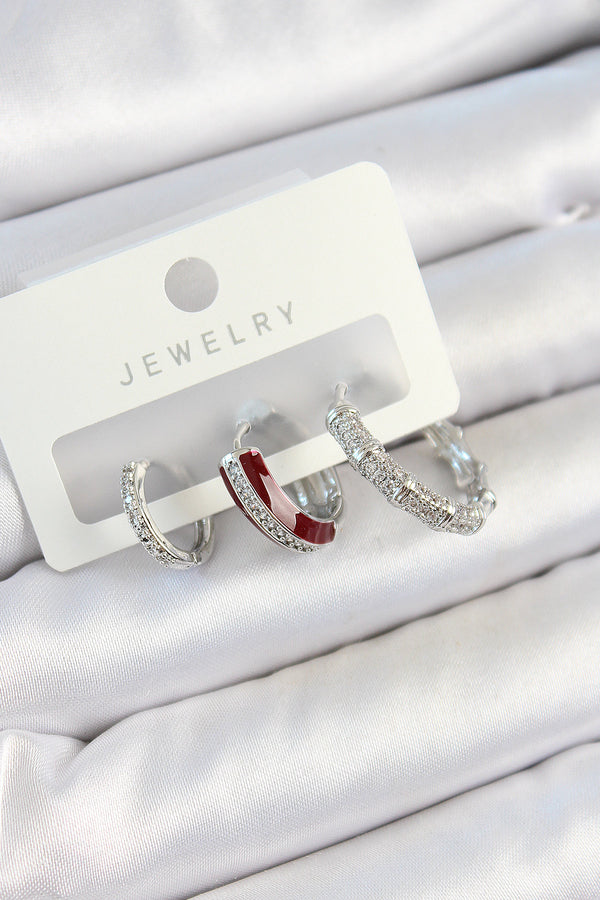 BKP10791 - Pirinç Zirkon Taşlı Bordo Pembe Halka Model Gümüş Renk 3'lü Çift Kadın Küpe Set