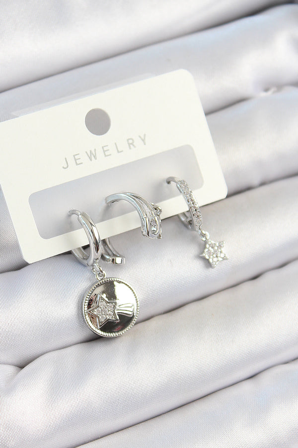 BKP10792 - Pirinç Zirkon Taşlı Sallantılı Yıldız Model Gümüş Renk 3'lü Çift Kadın Küpe Set