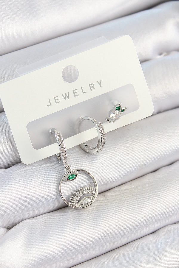 BKP10795 - Pirinç Zirkon Taşlı Göz Ve Baykuş Model Gümüş Renk 3'lü Çift Kadın Küpe Set