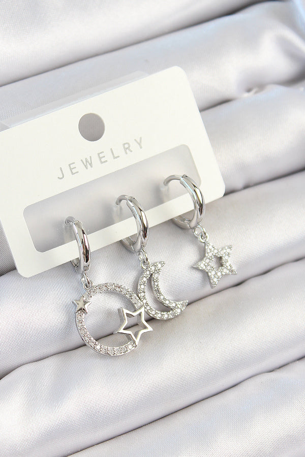 BKP10797 - Pirinç Zirkon Taşlı Ay Ve Yıldız Model Gümüş Renk 3'lü Çift Kadın Küpe Set